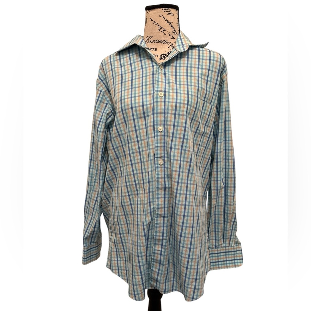 Peter Millar Casual Button Down Shirt Size  m Blue Plaid Cotton Blend